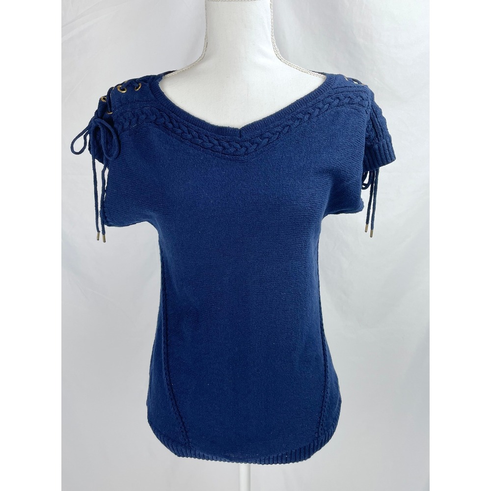 Lilly Pulitzer Medium Blue Sweater Top Short Sleeves Lace Shoulder Cotton Boat